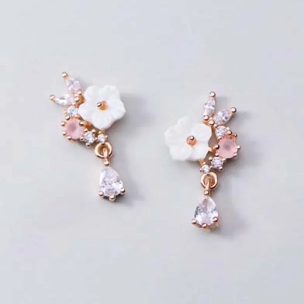 Sterling Silver Crystal Flower Earrings Delicate Minimal Floral Earrings Studs - Picture 6 of 8